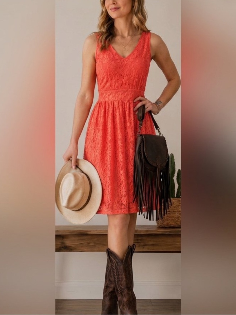 Wrangler coral lace fit & Flare dress size small